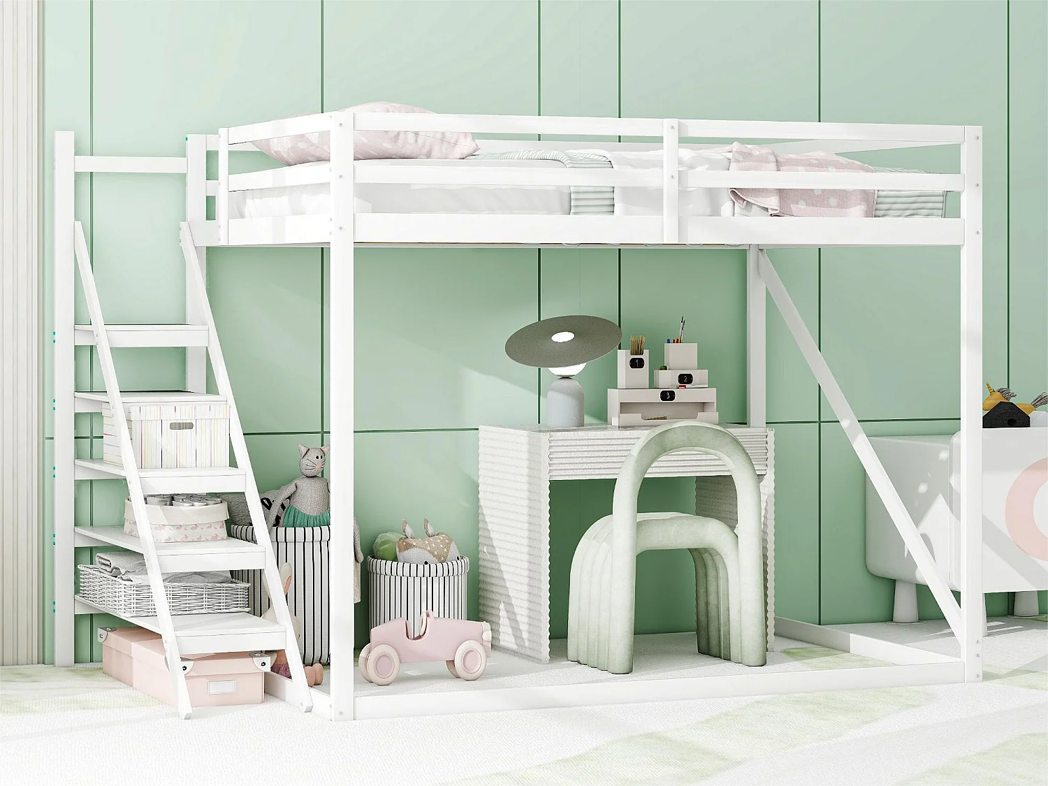 Lit superposé 140x200 cm en pin massif - avec escalier et échelle - Gris