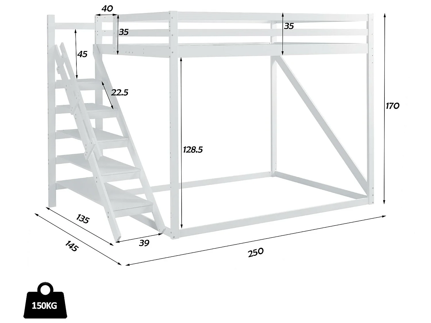 Lit superposé 140x200 cm en pin massif - avec escalier et échelle - Gris