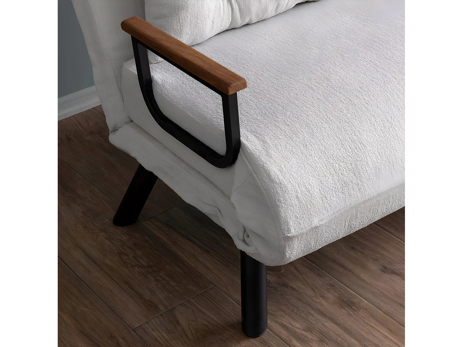 Canapé 2 places convertible Yolanda Métal Noir et Tissu bouclette Blanc crème