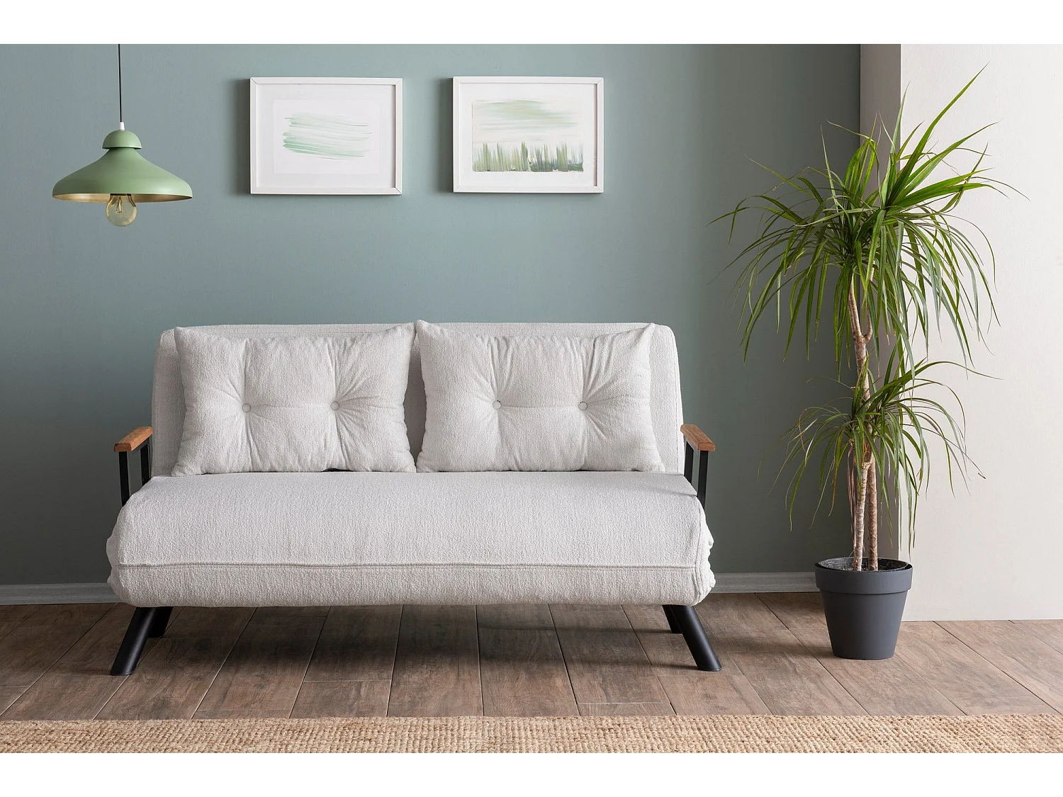 Canapé 2 places convertible Yolanda Métal Noir et Tissu bouclette Blanc crème