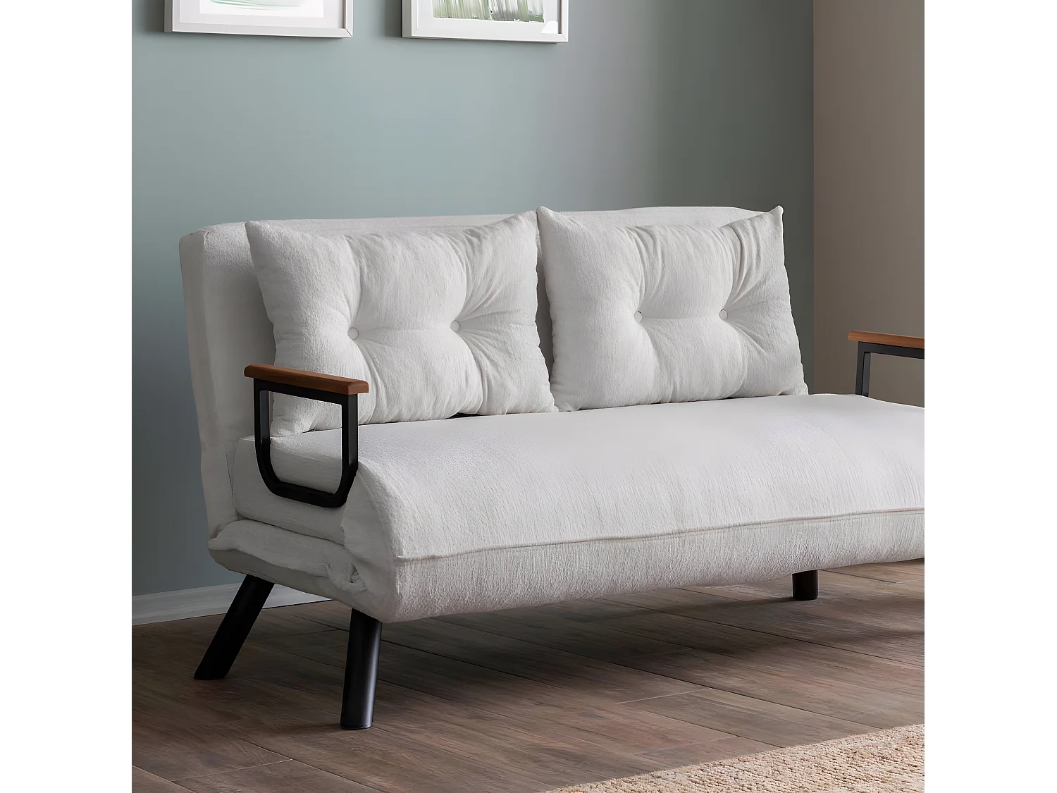 Canapé 2 places convertible Yolanda Métal Noir et Tissu bouclette Blanc crème