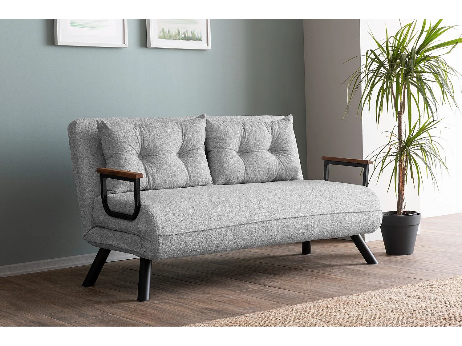 Canapé 2 places convertible Yolanda Métal Noir et Tissu bouclette Gris