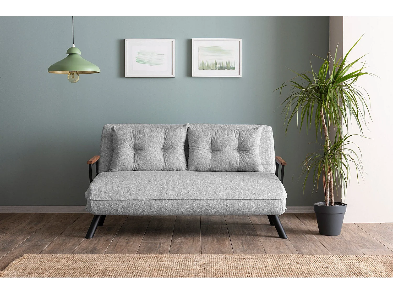 Canapé 2 places convertible Yolanda Métal Noir et Tissu bouclette Gris