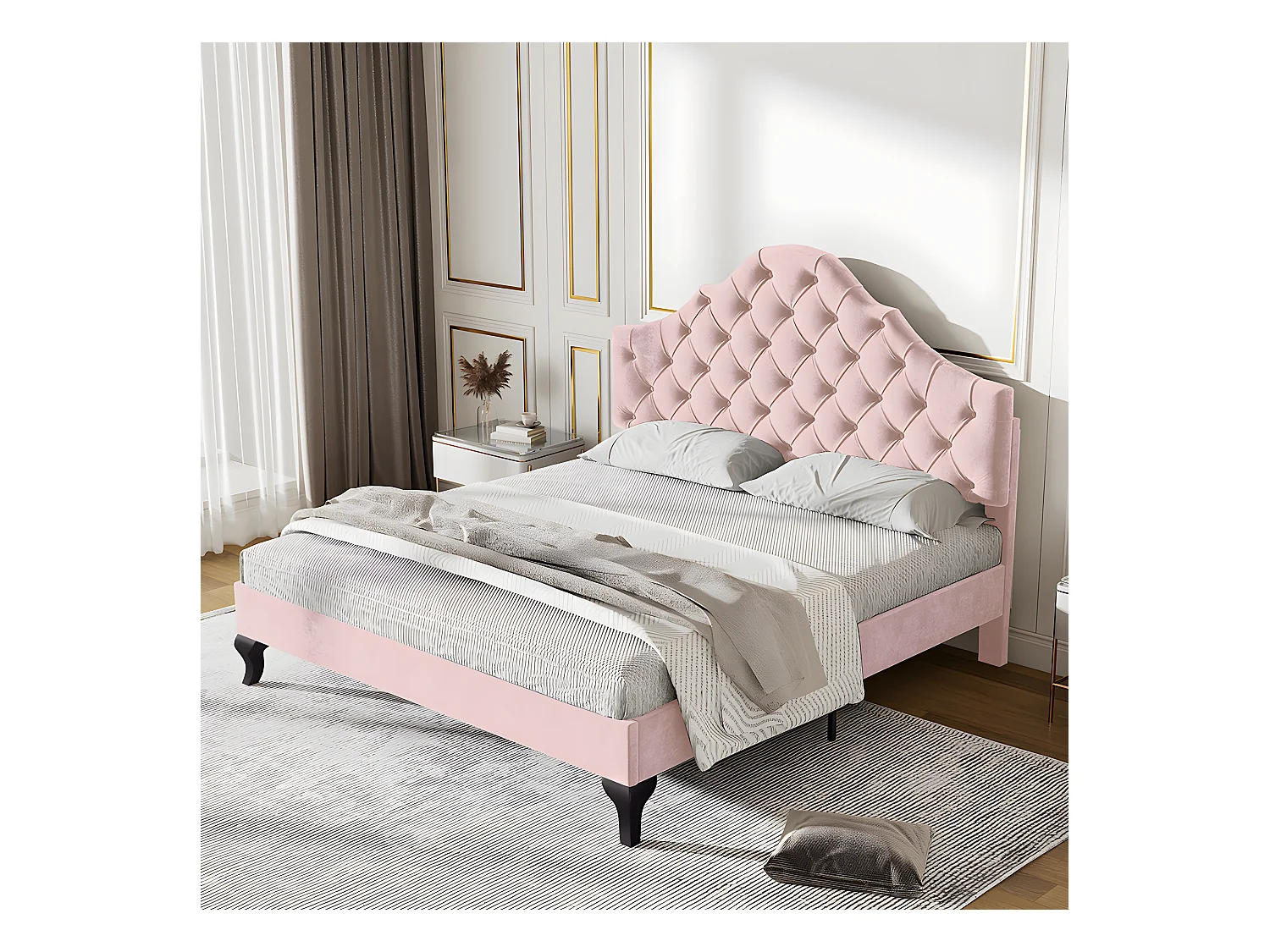 Lit adulte Lit capitonné 140x200 cm avec sommier à lattes et tête de lit lit capitonné avec tête de lit réglable en hauteur velours rose