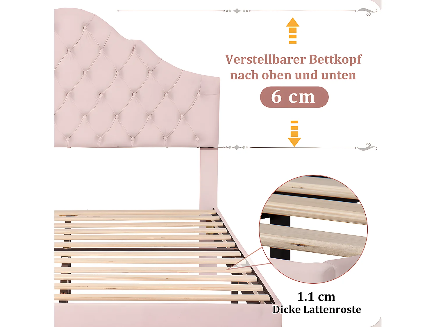 Lit adulte Lit capitonné 140x200 cm avec sommier à lattes et tête de lit lit capitonné avec tête de lit réglable en hauteur velours rose