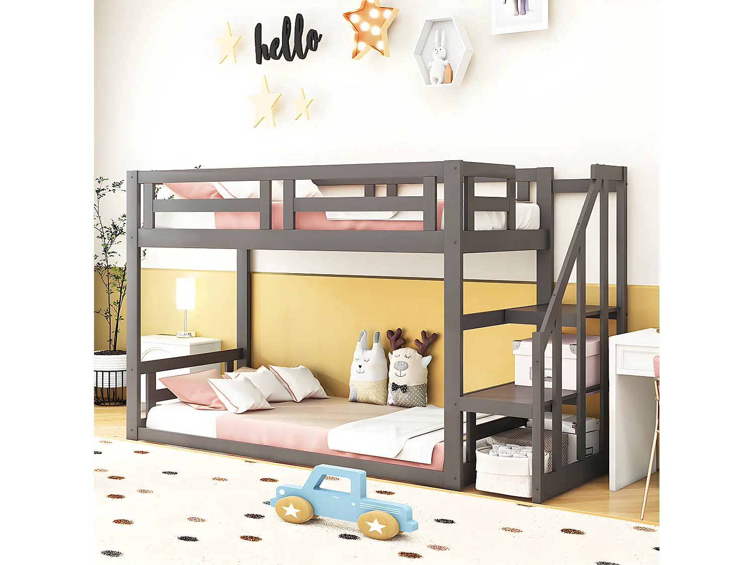 Lit mezzanine cabane avec escalier de rangement - 90x200cm - Gris - Sweiko