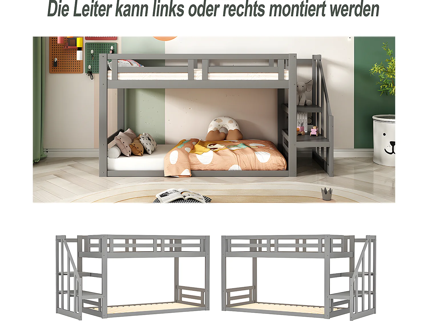 Lit mezzanine cabane avec escalier de rangement - 90x200cm - Gris - Sweiko