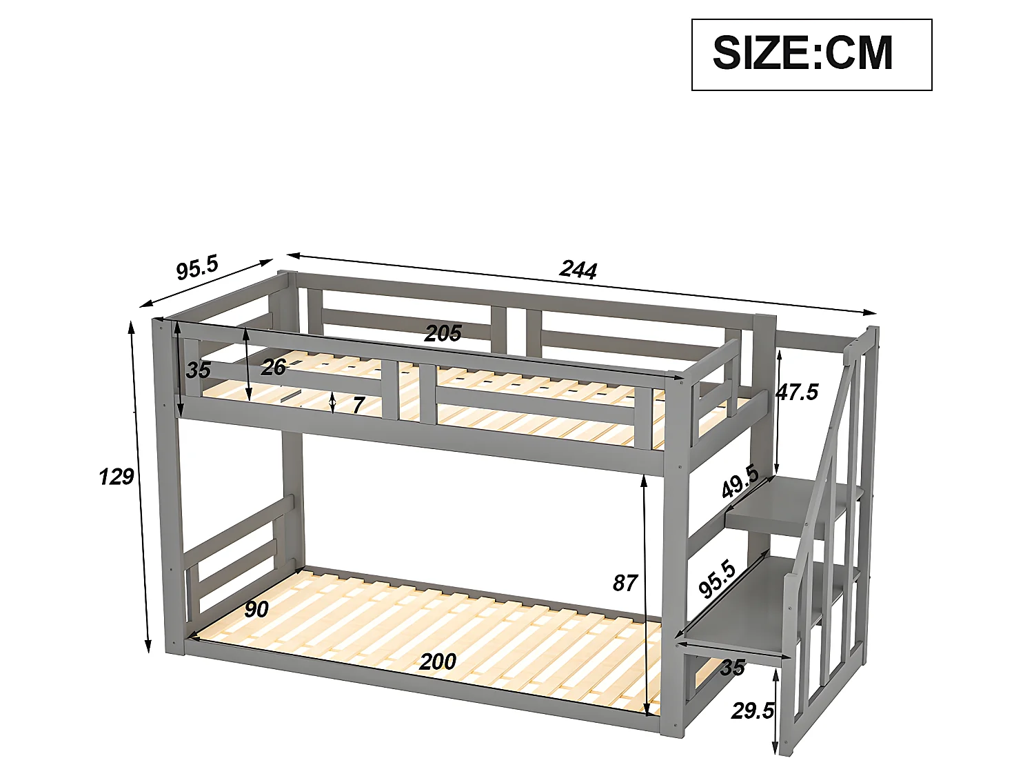 Lit mezzanine cabane avec escalier de rangement - 90x200cm - Gris - Sweiko