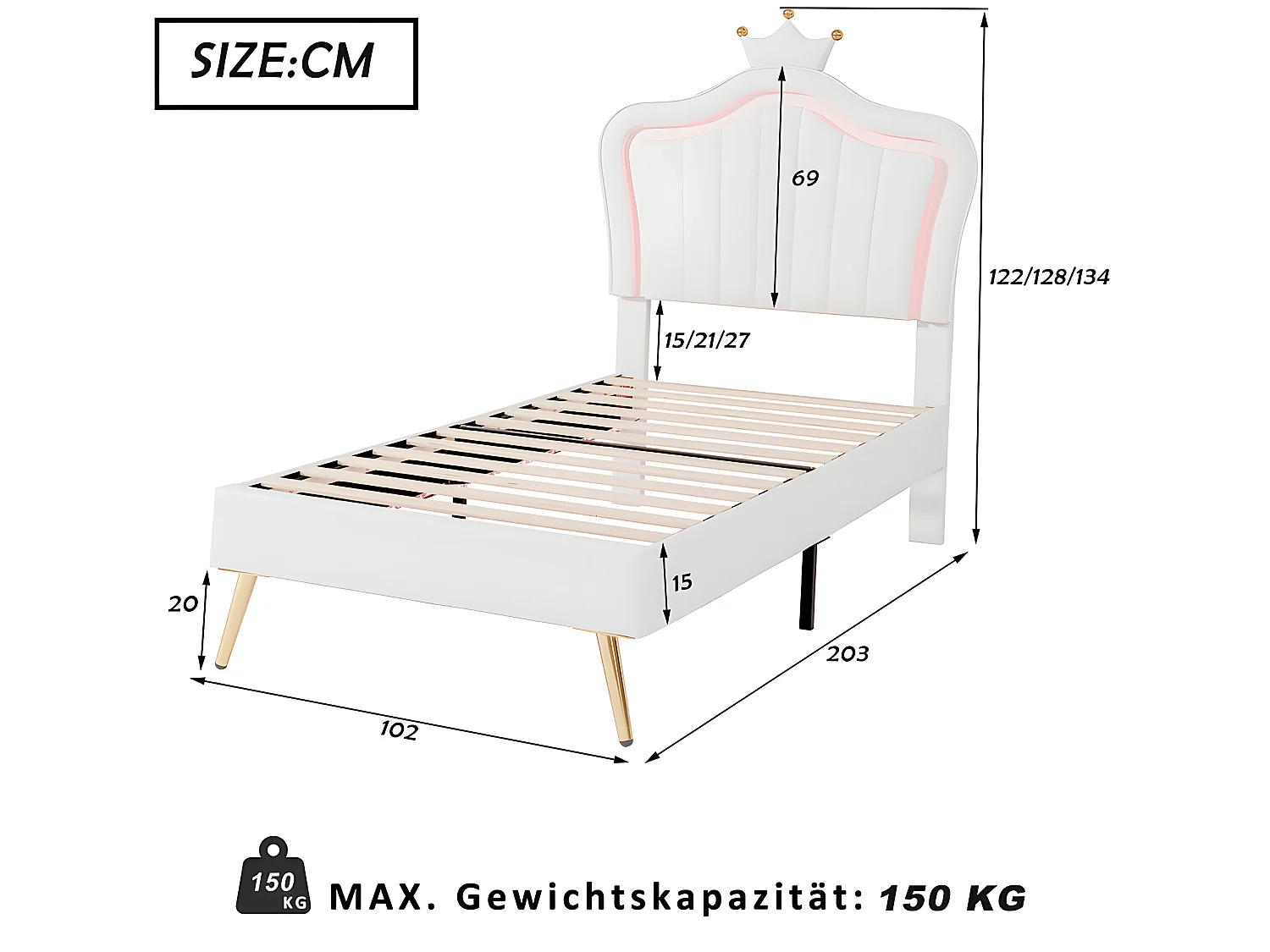 Lit LED avec tête de lit - 90 x 200 cm - Blanc - Sweiko