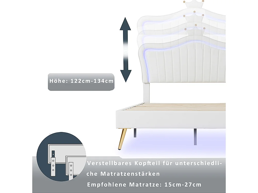Lit LED avec tête de lit - 90 x 200 cm - Blanc - Sweiko
