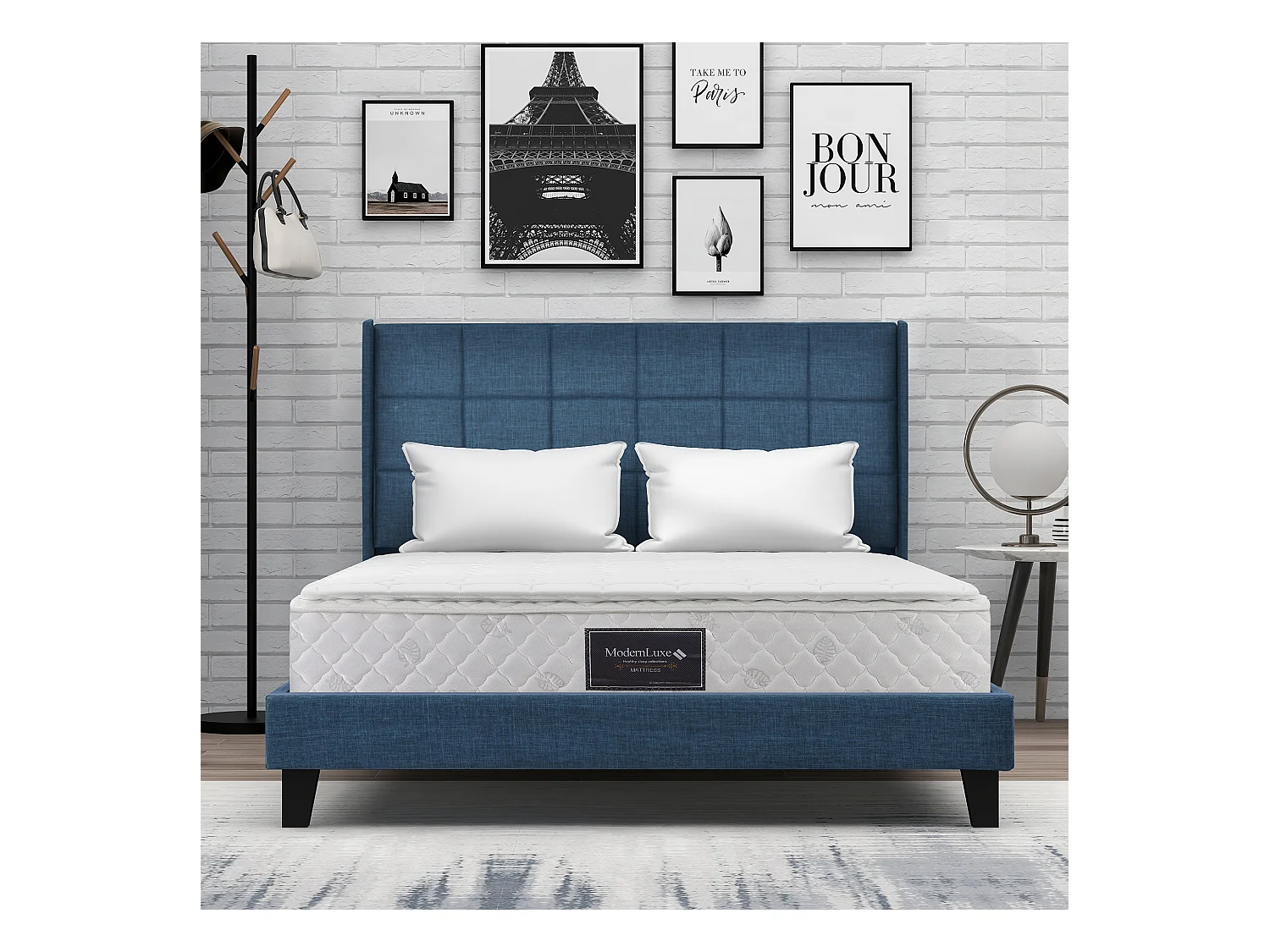 Lit adulte Lit capitonné design moderne, lit double 140x200cm, lin Bleu - Sweiko