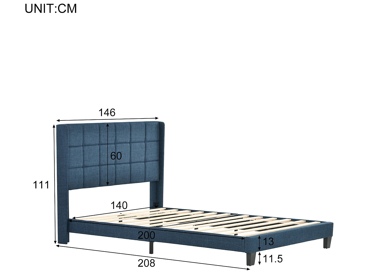 Lit adulte Lit capitonné design moderne, lit double 140x200cm, lin Bleu - Sweiko
