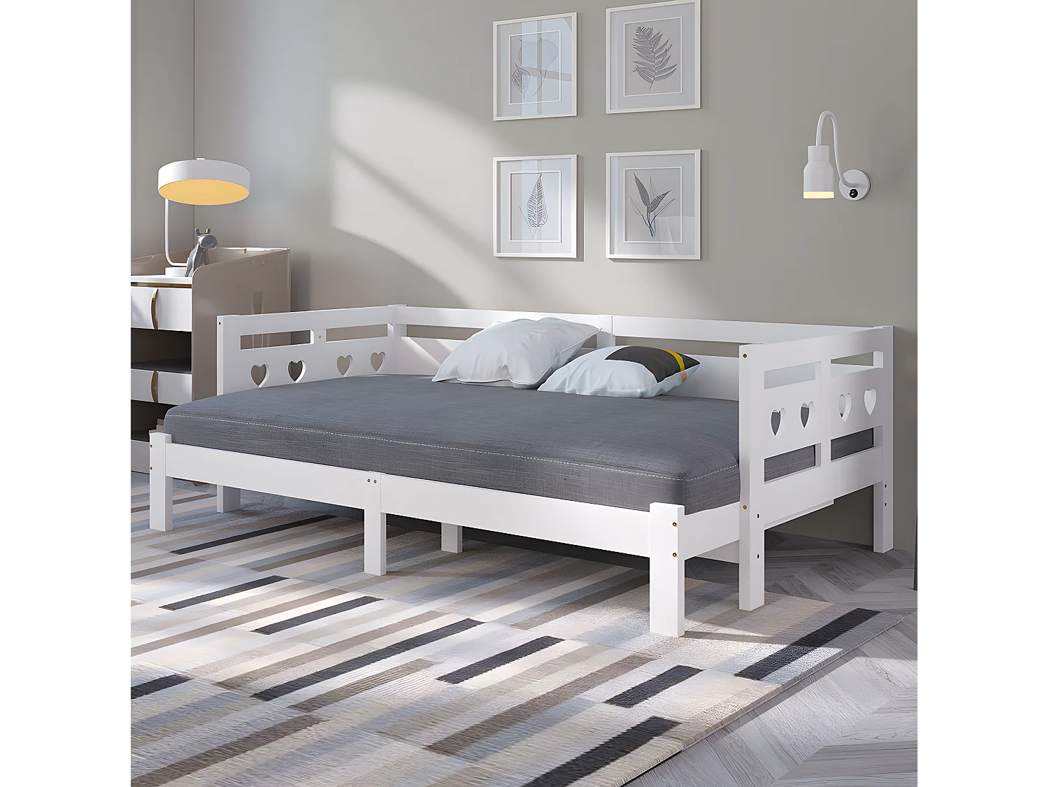 Lit double avec tête de lit - 90~182x200cm - pin massif- Blanc - Sweiko