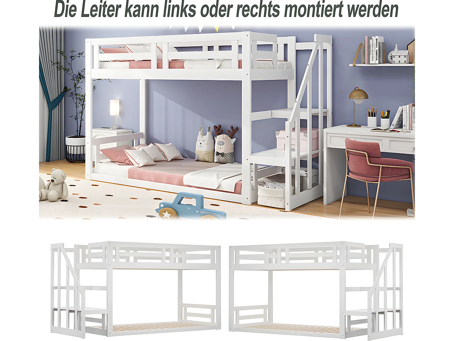 Lit mezzanine cabane avec escalier de rangement - 90x200cm - blanc - Sweiko