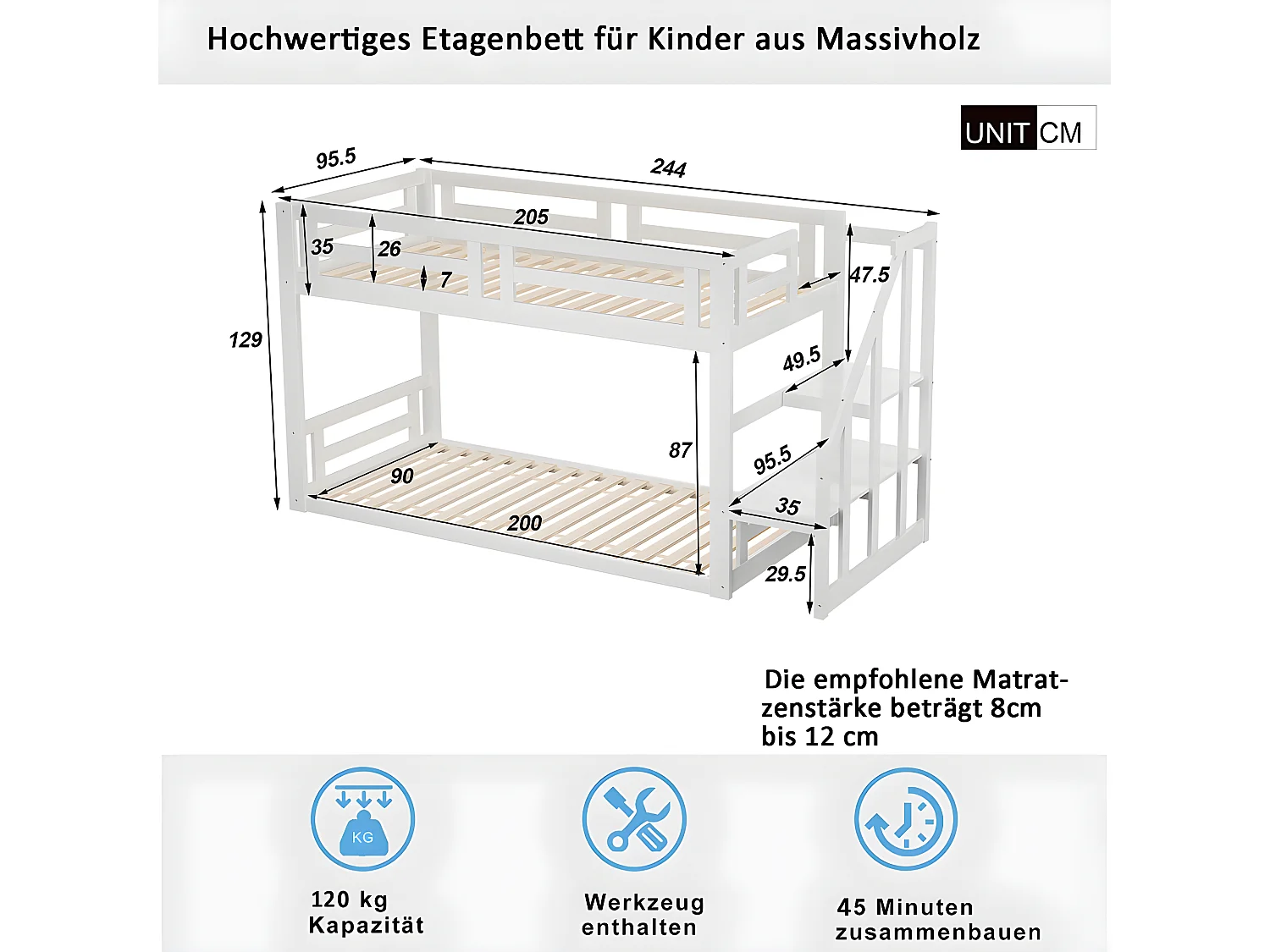 Lit mezzanine cabane avec escalier de rangement - 90x200cm - blanc - Sweiko