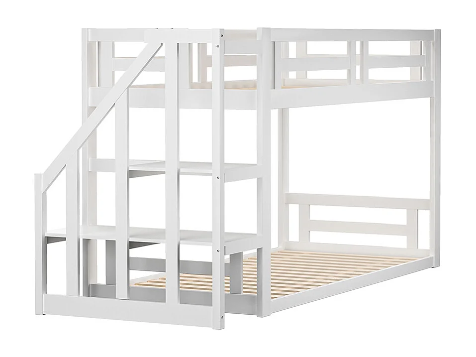 Lit mezzanine cabane avec escalier de rangement - 90x200cm - blanc - Sweiko