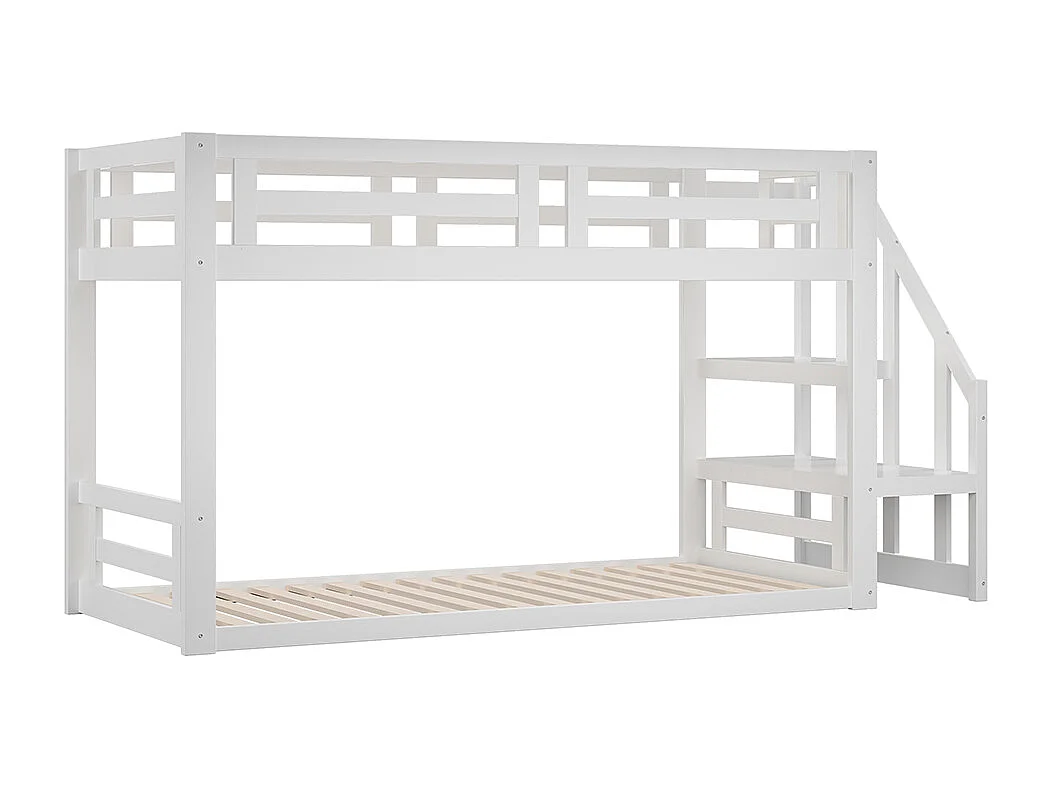 Lit mezzanine cabane avec escalier de rangement - 90x200cm - blanc - Sweiko