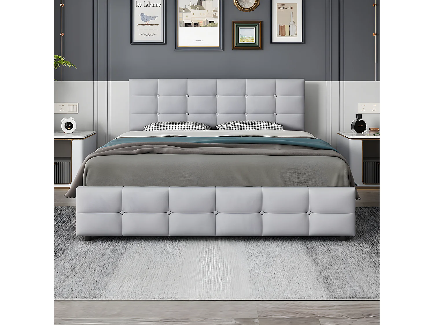 Lit avec tête de lit capitonnée - 180 x 200 cm - Velours - Gris - Sweiko