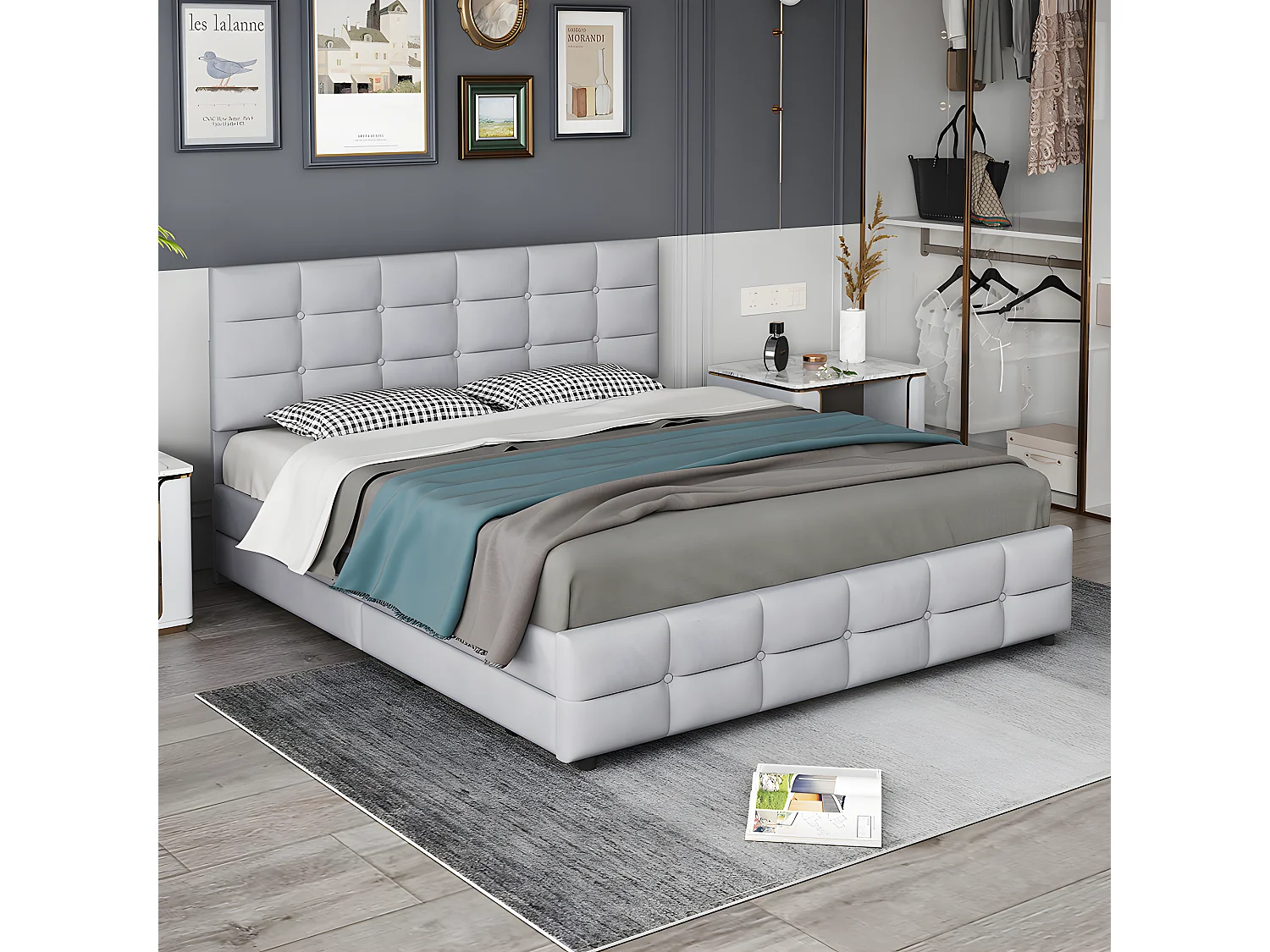 Lit avec tête de lit capitonnée - 180 x 200 cm - Velours - Gris - Sweiko