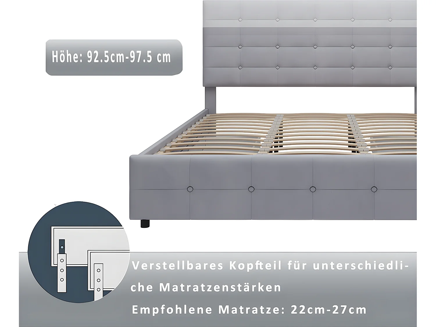 Lit avec tête de lit capitonnée - 180 x 200 cm - Velours - Gris - Sweiko