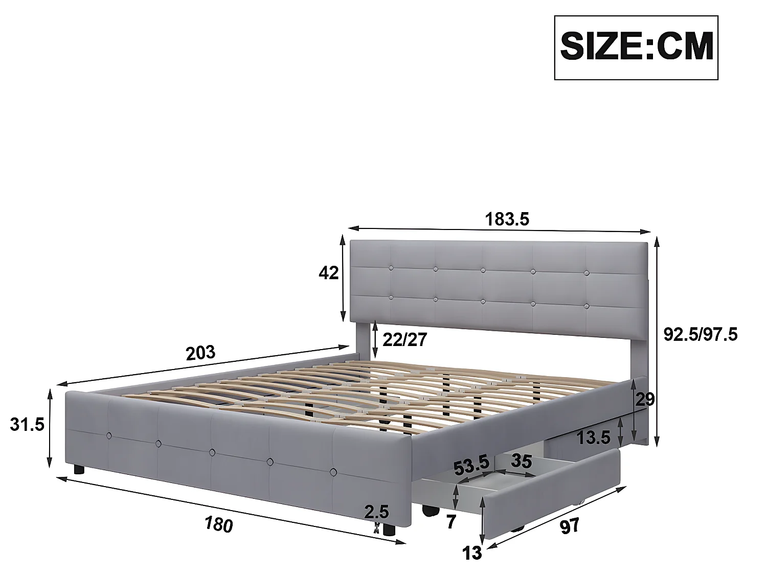Lit avec tête de lit capitonnée - 180 x 200 cm - Velours - Gris - Sweiko
