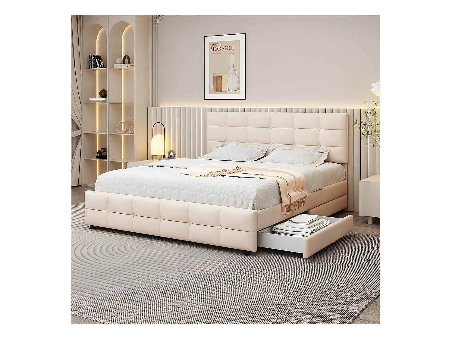 Lit avec tiroirs - 180 x 200 cm, Lit double avec 4 tiroirs - Beige - Sweiko