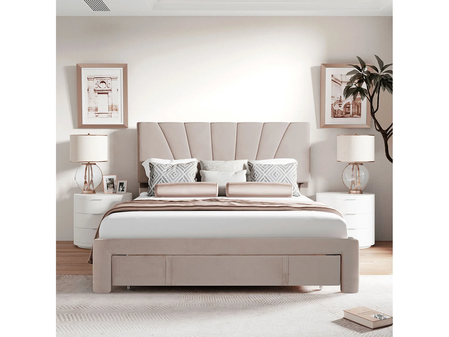 Lit avec tiroirs Cadre de lit Plateforme capitonné - Beige 140x200 cm - Sweiko