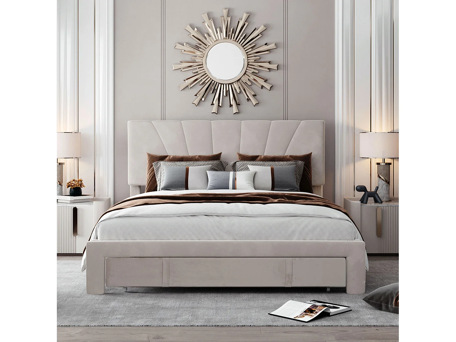 Lit avec tiroirs Cadre de lit Plateforme capitonné - Beige 140x200 cm - Sweiko