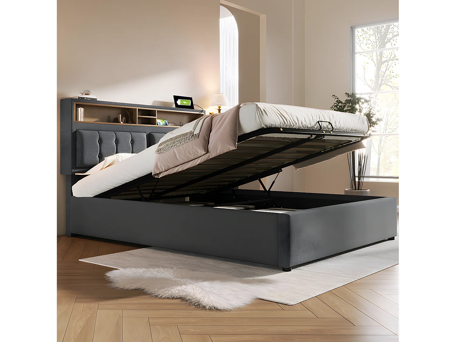 Lit avec chevets - 160 x 200 cm - avec Prise USB - Gris - Sweiko