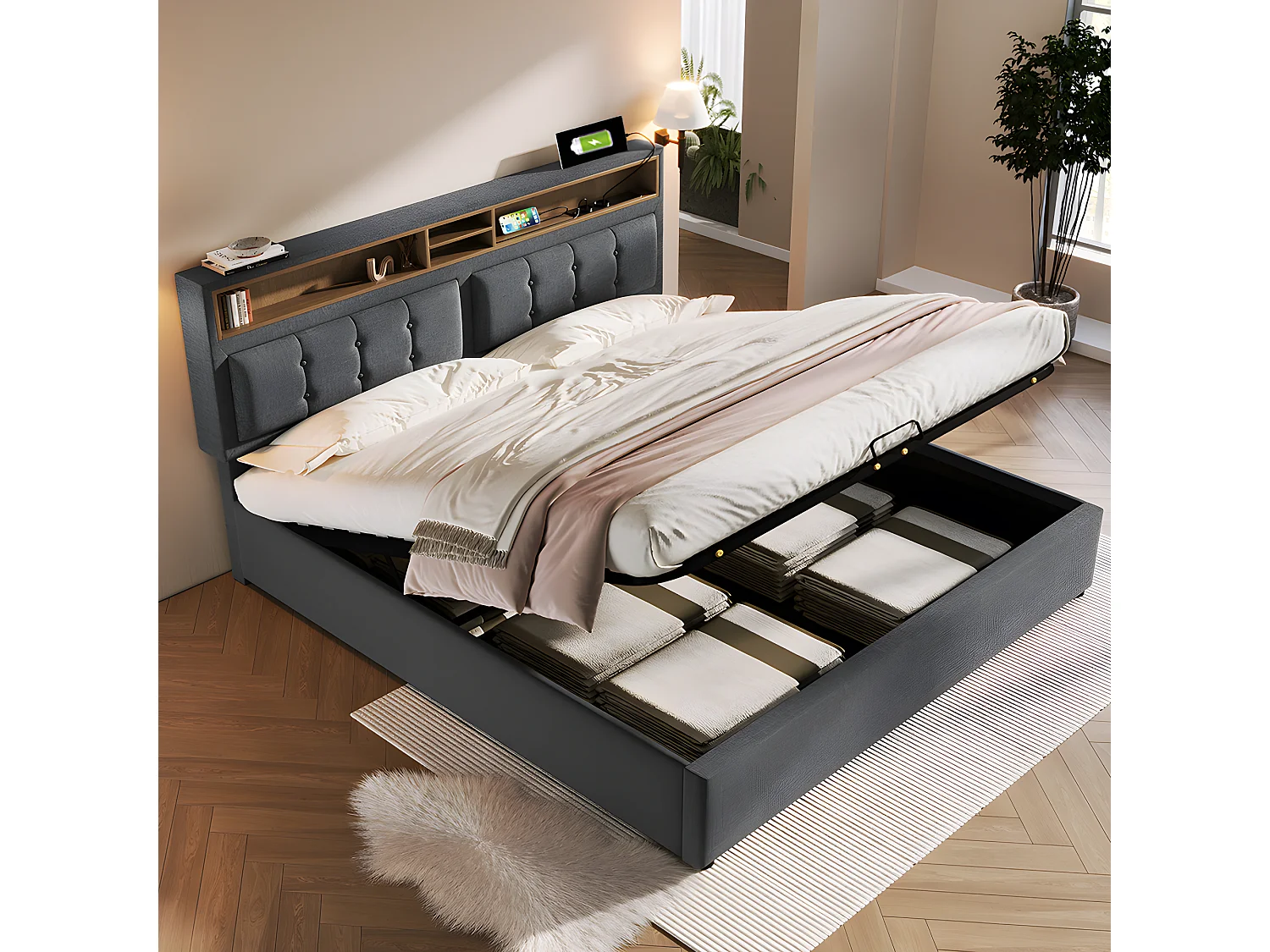 Lit avec chevets - 160 x 200 cm - avec Prise USB - Gris - Sweiko