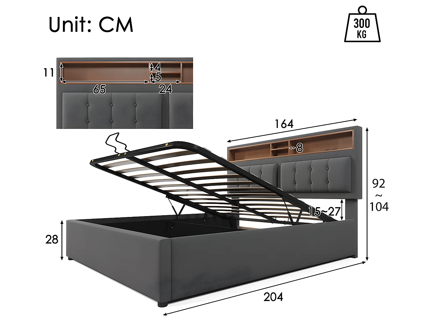Lit avec chevets - 160 x 200 cm - avec Prise USB - Gris - Sweiko