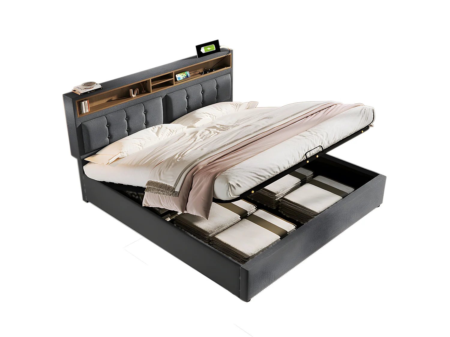 Lit avec chevets - 160 x 200 cm - avec Prise USB - Gris - Sweiko