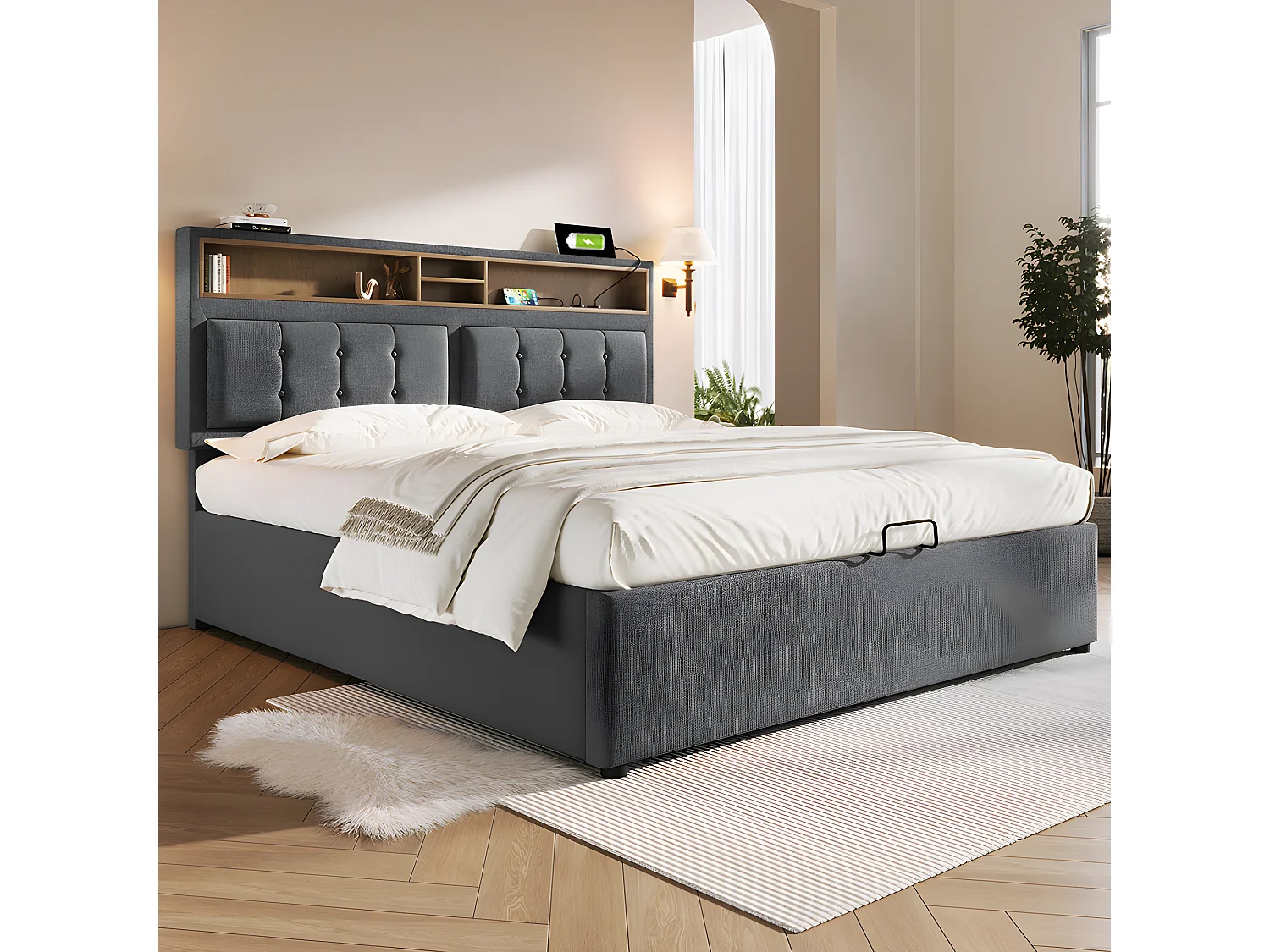 Lit avec chevets - 160 x 200 cm - avec Prise USB - Gris - Sweiko