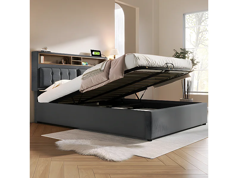 Lit avec chevets - 160 x 200 cm - avec Prise USB - Gris - Sweiko