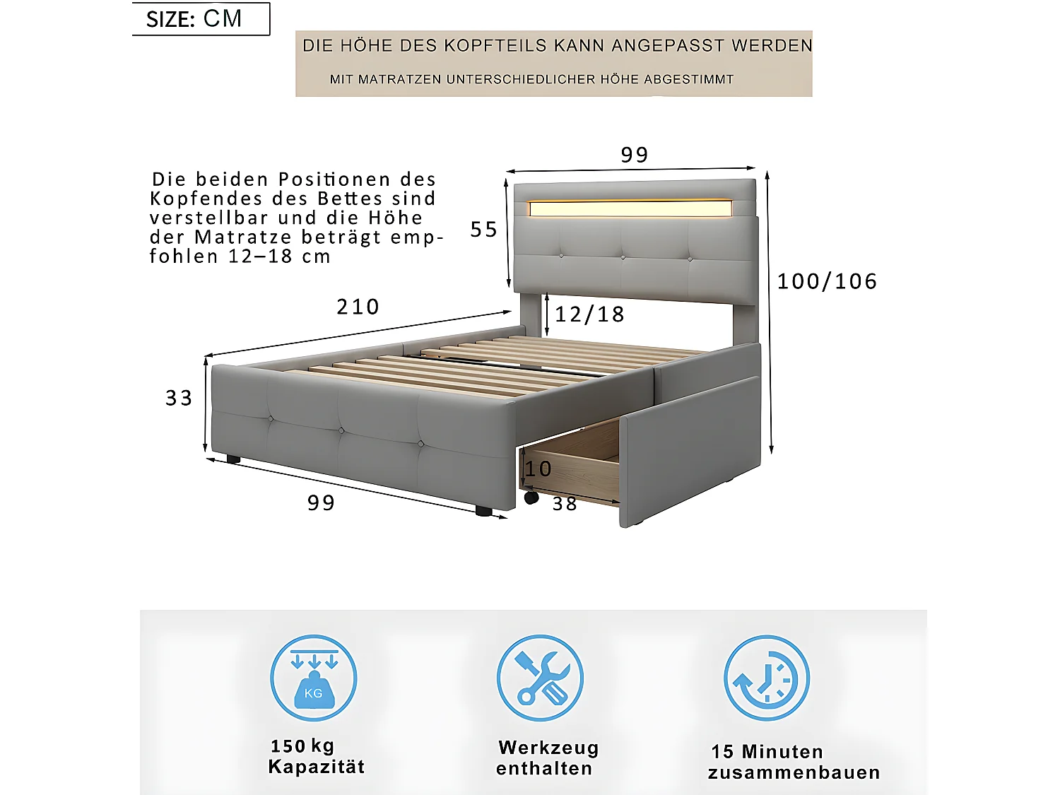 Lit avec tiroirs - 90x200 cm avec lampes LED - gris - Sweiko