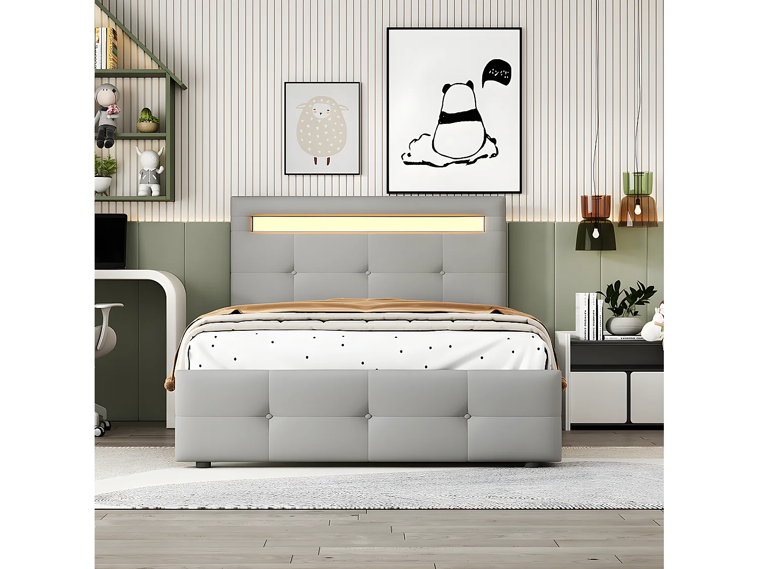 Lit avec tiroirs - 90x200 cm avec lampes LED - gris - Sweiko