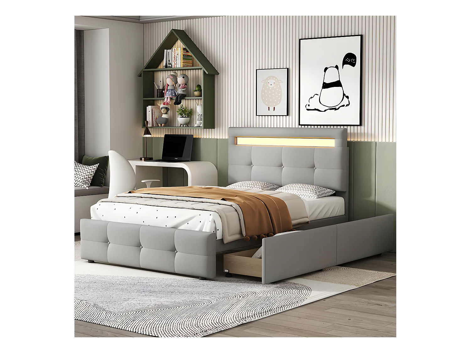 Lit avec tiroirs - 90x200 cm avec lampes LED - gris - Sweiko