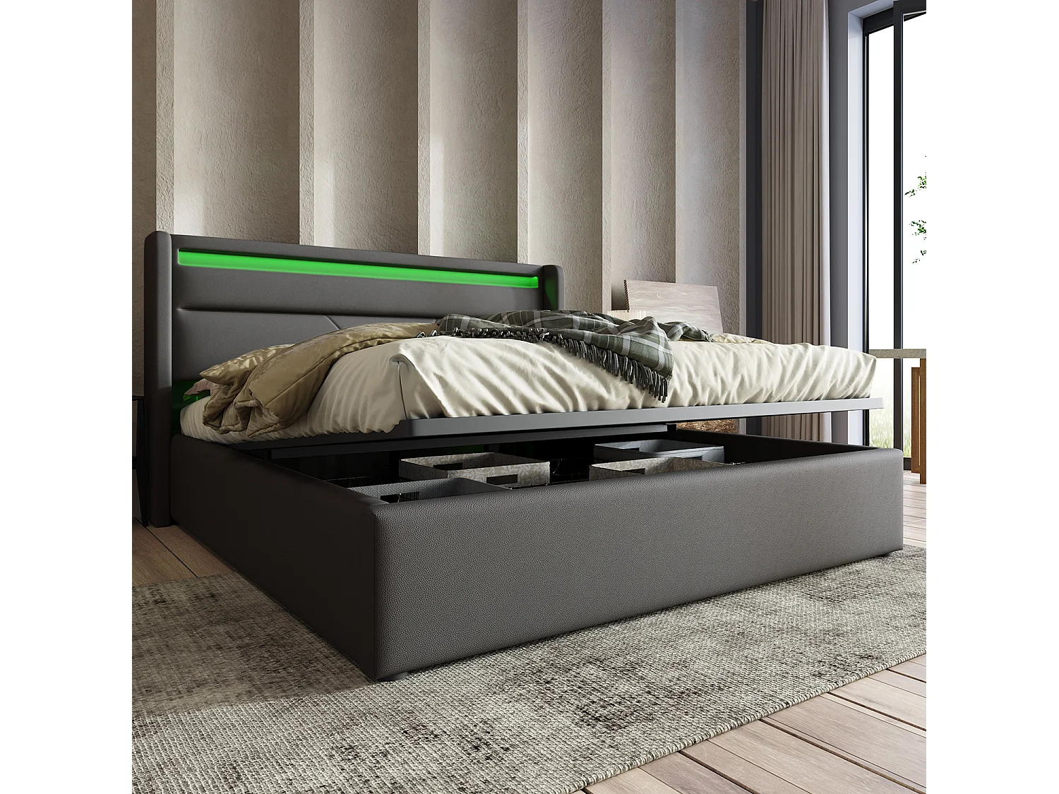 Lit avec LED tête de lit rangements et tiroirs - 160 x 190 cm - Gris- Sweiko