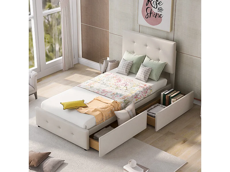 Lit avec tiroirs - 90x200 cm, lit simple Beige (matelas non inclus) - Sweiko