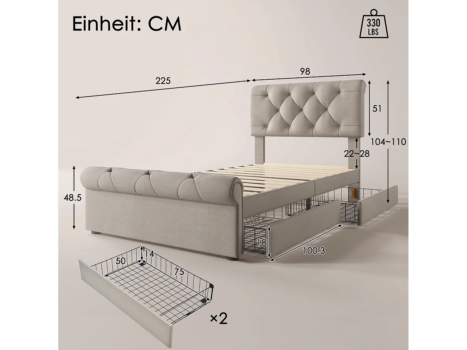 Lit avec tiroirs - Lit fonctionnel de rangement - 90x200 cm sans matelas - Sweiko