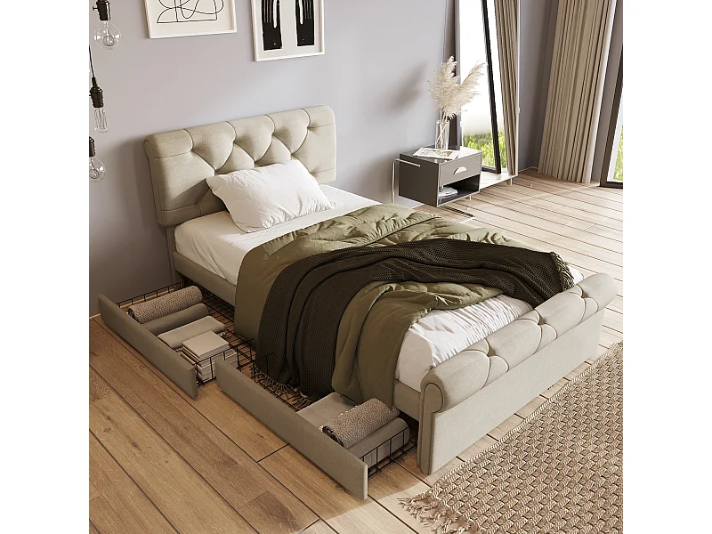 Lit avec tiroirs - Lit fonctionnel de rangement - 90x200 cm sans matelas - Sweiko