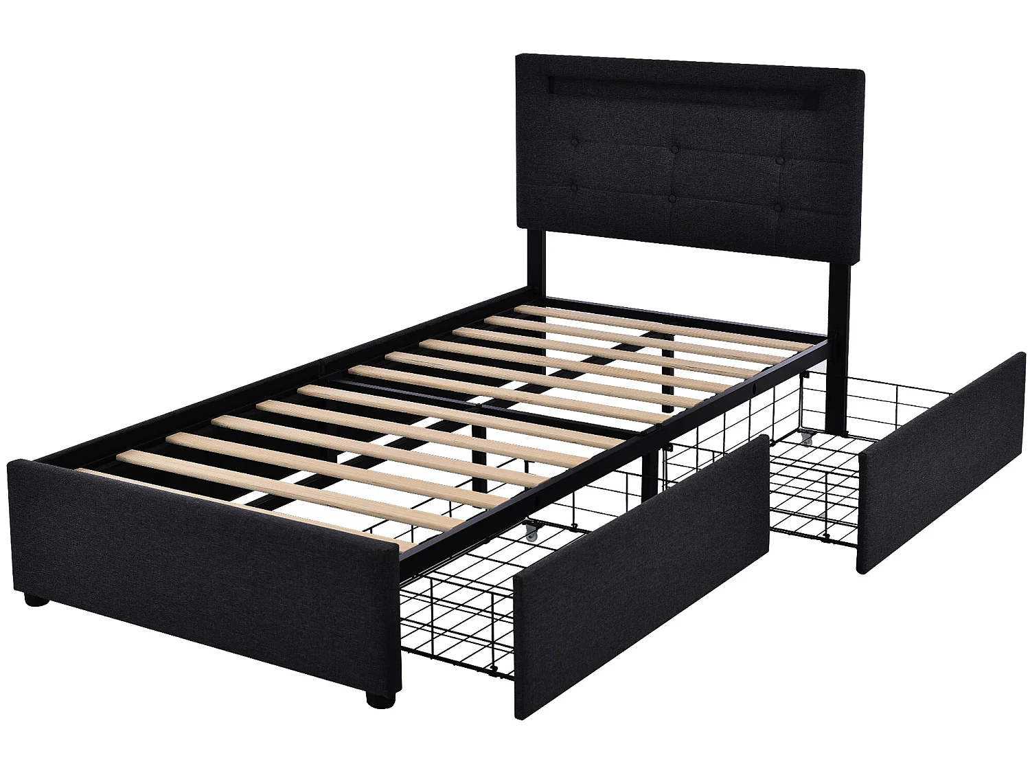 Lit avec tiroirs - 90x200cm avec éclairage LED et 2 tiroirs Noir (sans matelas) - Sweiko