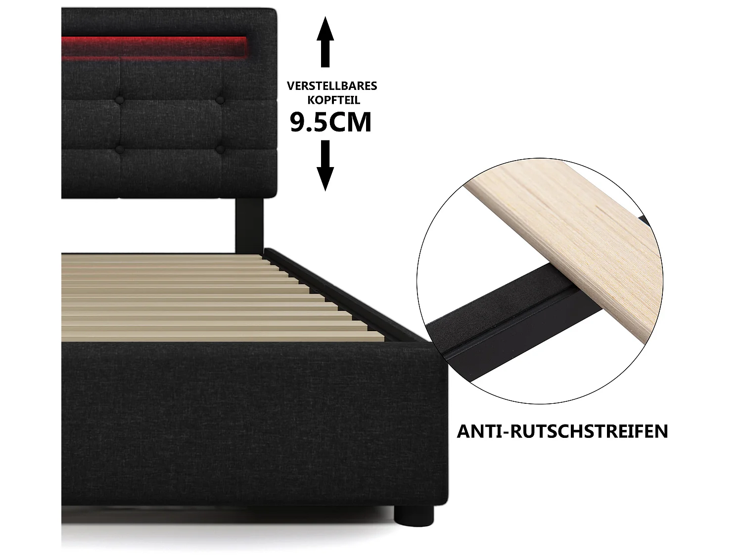 Lit avec tiroirs - 90x200cm avec éclairage LED et 2 tiroirs Noir (sans matelas) - Sweiko