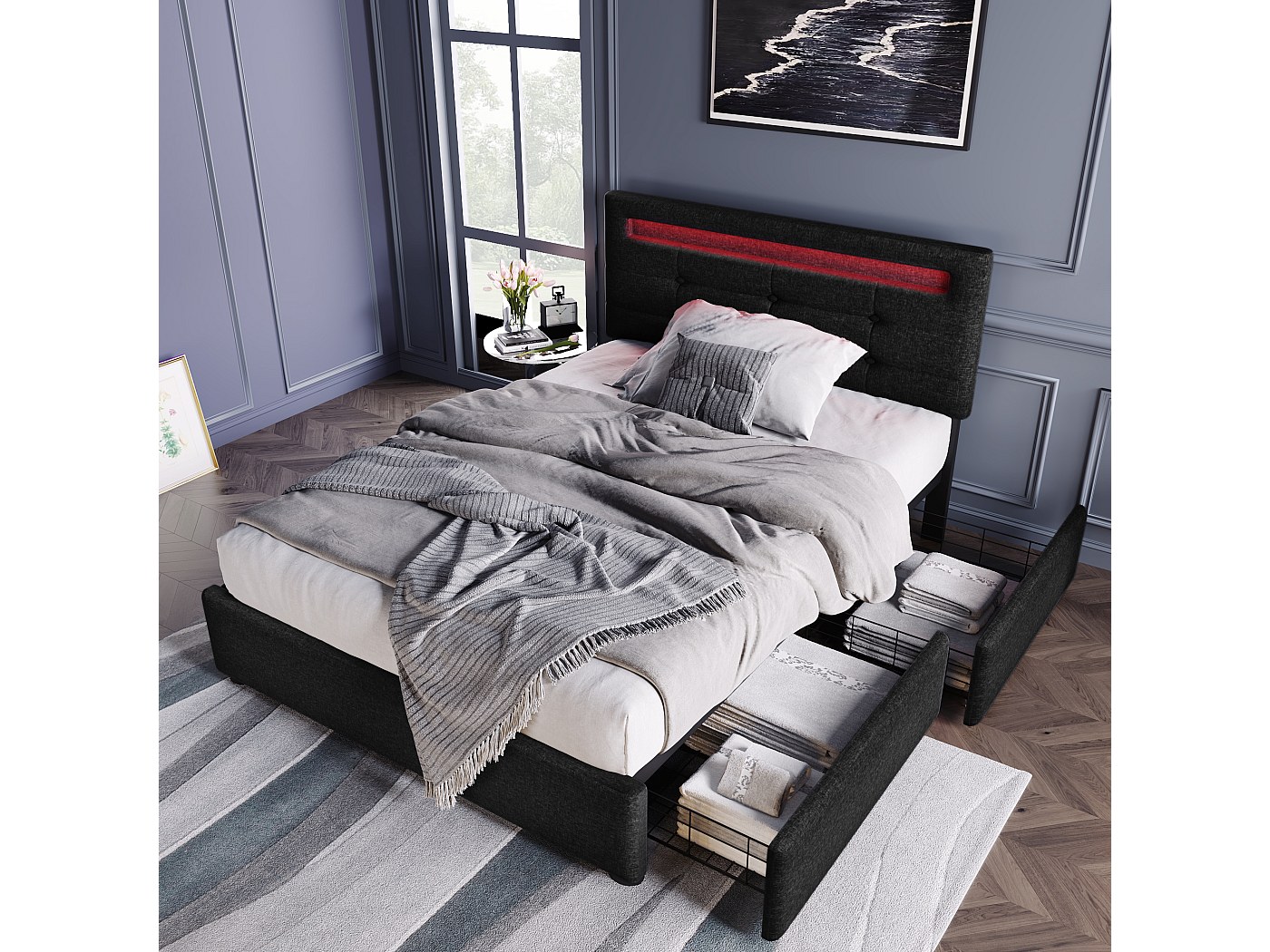 Lit Mezzanine Enfant 90x200 Cm Avec Bureau Et éclairage LED - Noir - 3 Tiroirs - Prise USB - Sans Matelas - 10