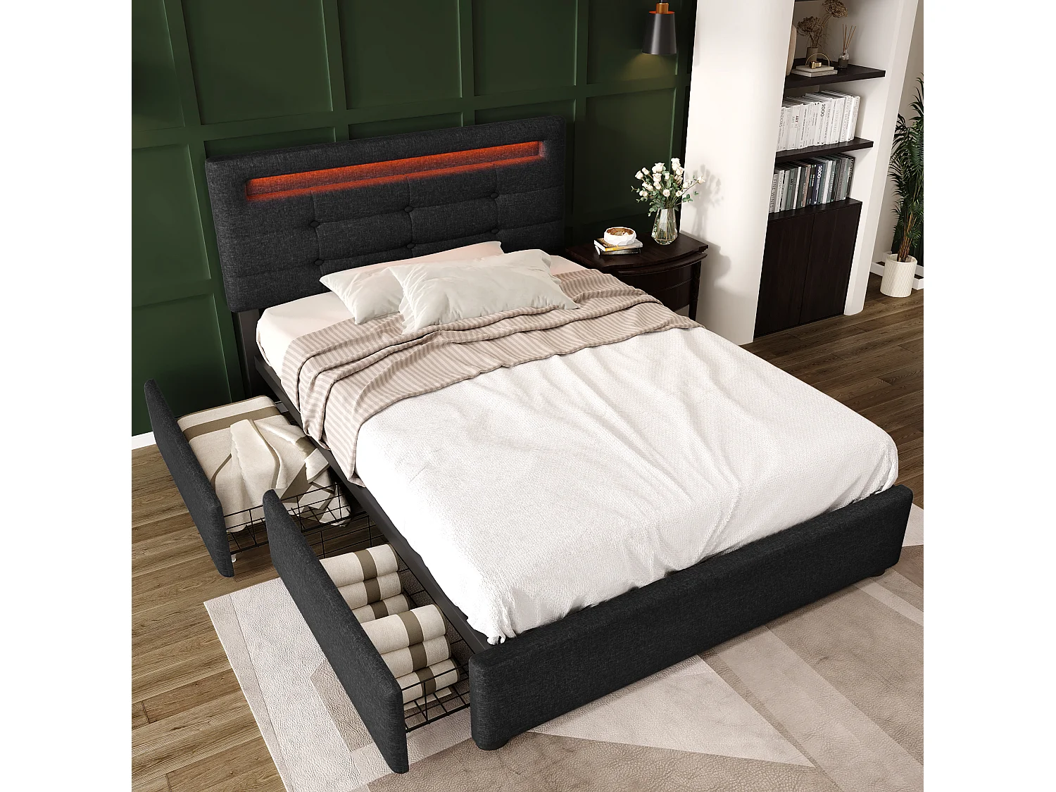 Lit avec tiroirs - 90x200cm avec éclairage LED et 2 tiroirs Noir (sans matelas) - Sweiko