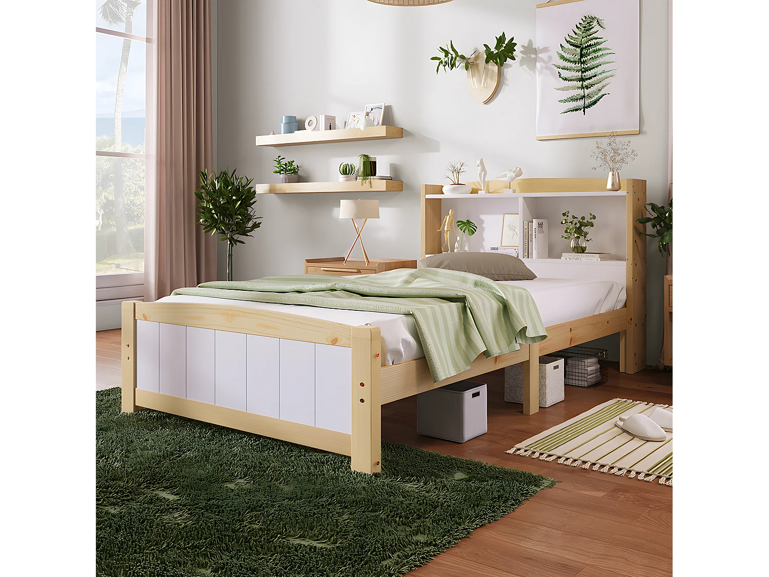 Lit avec tête de lit rangements et tiroirs - 90 x 200 cm - Blanc - Sweiko