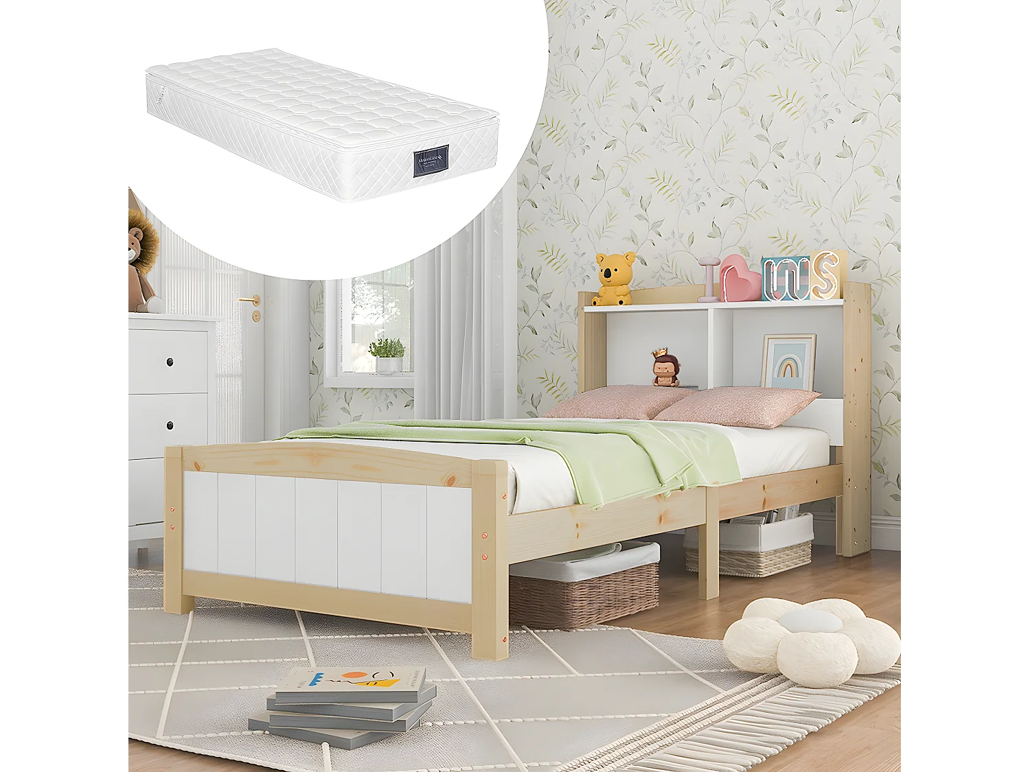 Lit avec tête de lit rangements et tiroirs - 90 x 200 cm - Blanc - Sweiko