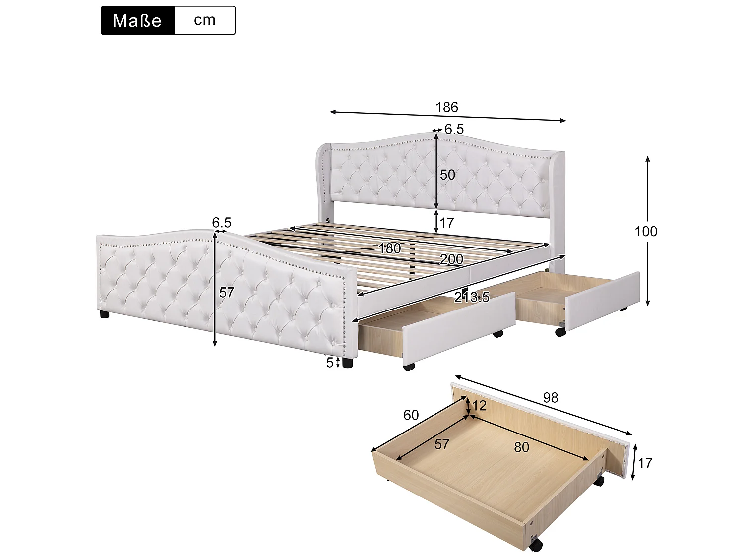 Lit avec tiroirs - 180 x 200 cm - Blanc - Sweiko