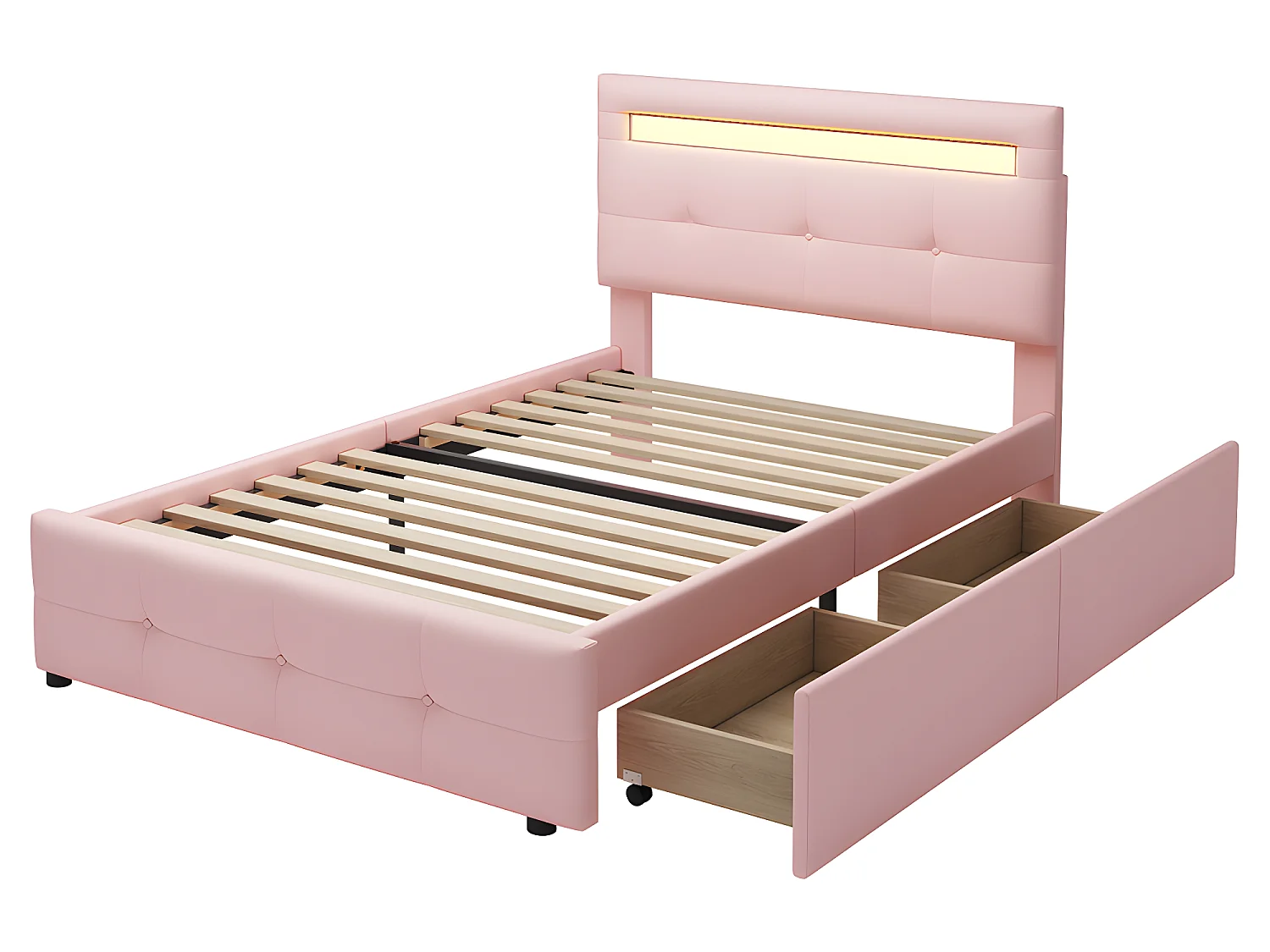 Lit avec tiroirs - 90x200 cm avec lampes LED - rose - Sweiko