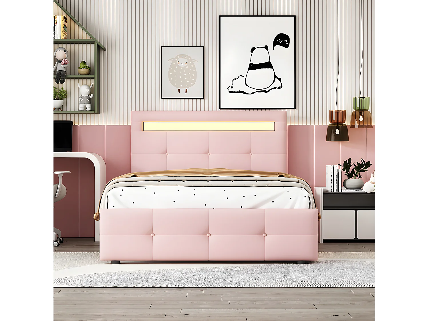 Lit avec tiroirs - 90x200 cm avec lampes LED - rose - Sweiko